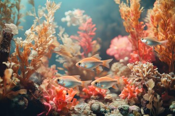 Obraz premium A vibrant aquarium scene showcasing several orange fish swimming amidst lush coral and aquatic plants.
