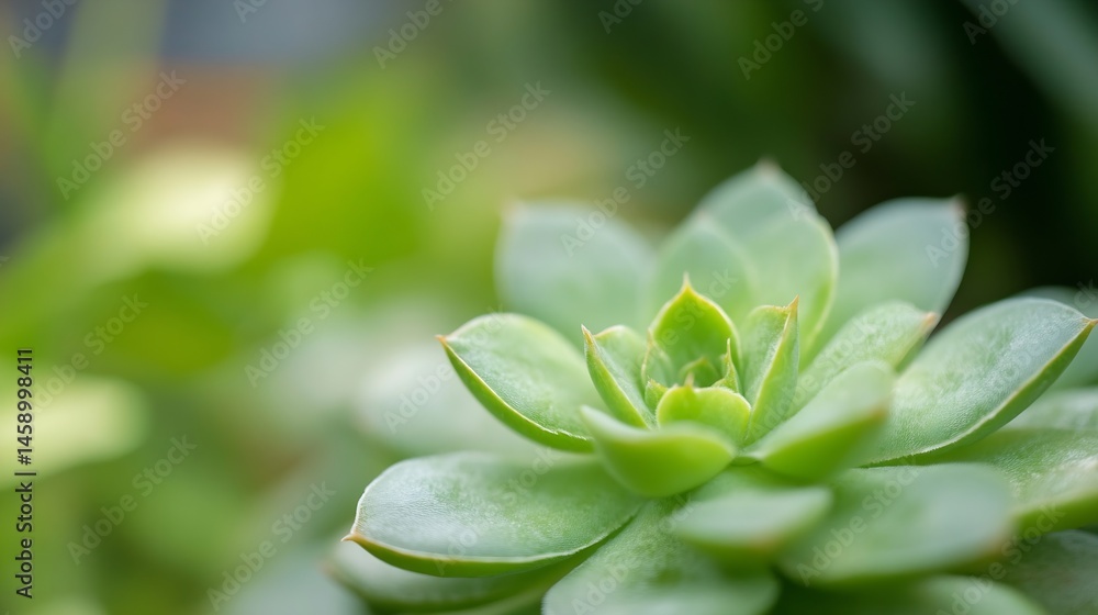 Leinwandbilder Close-up view of a vibrant green succulent plant, showcasing its intricate leaf structure and soft texture. The shallow depth of field emphasizes the central rosette, creating a serene : Generative AI