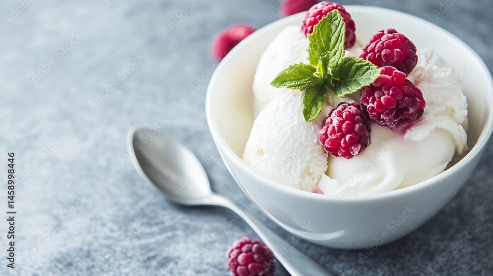 Poster close-up of a bowl of creamy vanilla ice cream topped with fresh raspberries and mint leaves, served