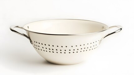 White enamel colander with kitchen utensil. (1)