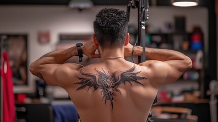 Muscular man with intricate back tattoo in a fitness center.