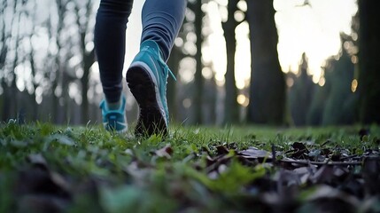 Low-angle view of person walking through a grassy forest path.