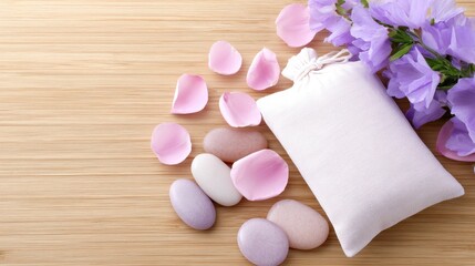Soft lavender flowers and pastel stones arranged with a fabric pouch on a wooden surface