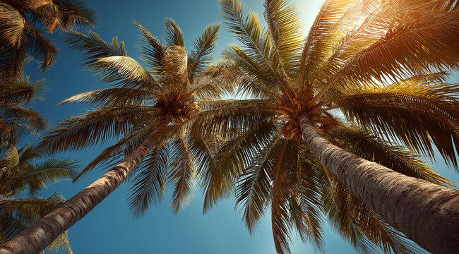 Low-angle view of palm trees against a clear blue sky, with sunlight filtering through the leaves. A tropical beach setting, evoking a summer vacation concept. High-resolution phot