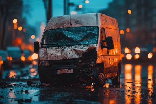 Delivery van with damage at accident scene