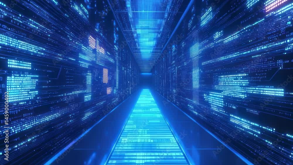 Poster digital data tunnel with glowing blue code and futuristic technology design
