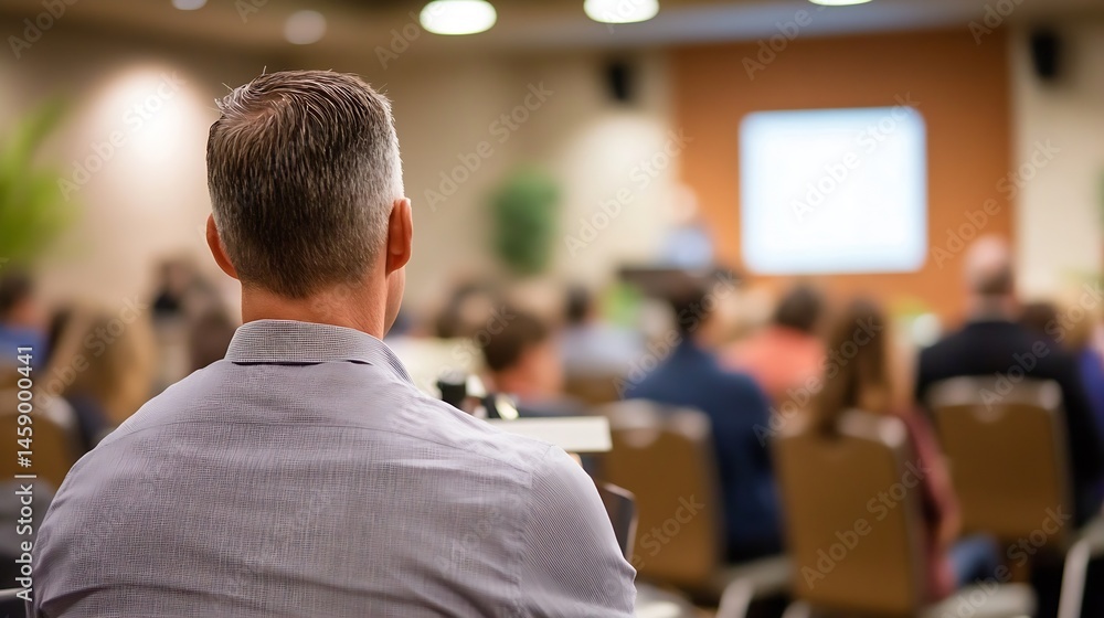 Poster a man sits attentively in a conference room, facing a presentation; the audience is blurred in the b