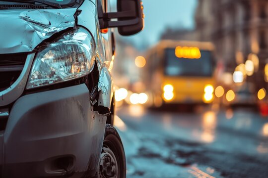 Delivery van with damage at accident scene