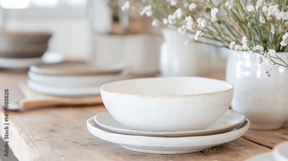 Poster White ceramic bowl and plates on rustic wooden table with gypsophila flowers in the background, creating a minimalist and elegant scene. : Generative AI