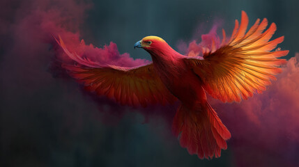 Obraz premium Flaming Red Phoenix Soaring Through Smoke