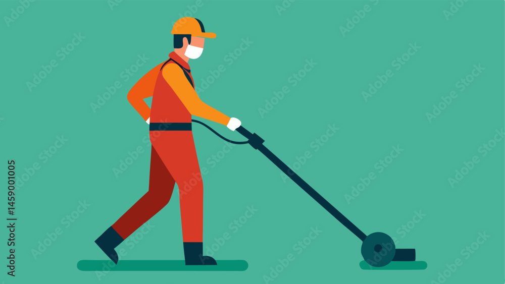 Poster ground maintenance a worker using a grass trimmer while wearing an exoskeleton demonstrating support
