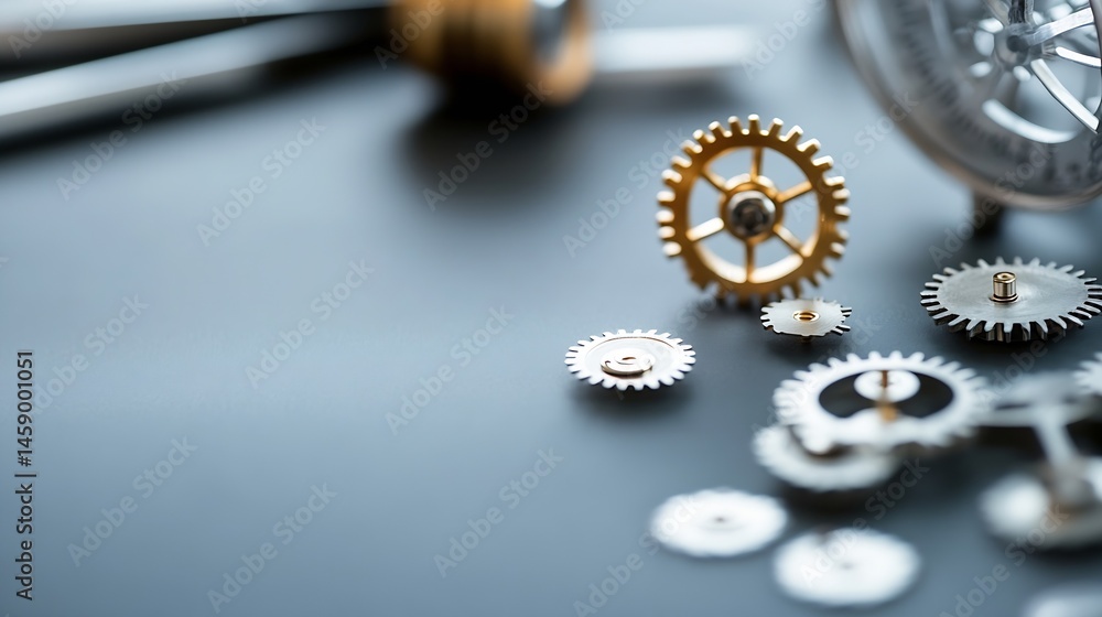 Poster Close-up view of intricate clock gears scattered on a dark gray surface, showcasing precision engineering and mechanical complexity. : Generative AI