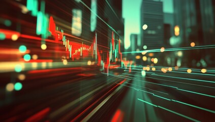 Financial data stream in a city.  Fast-paced market trends