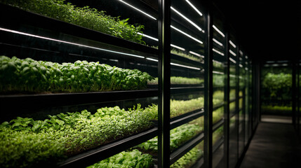 Vertical Farm Cultivating Medicinal Herbs Under LED Lights for Sustainable Urban Gardening and Wellness