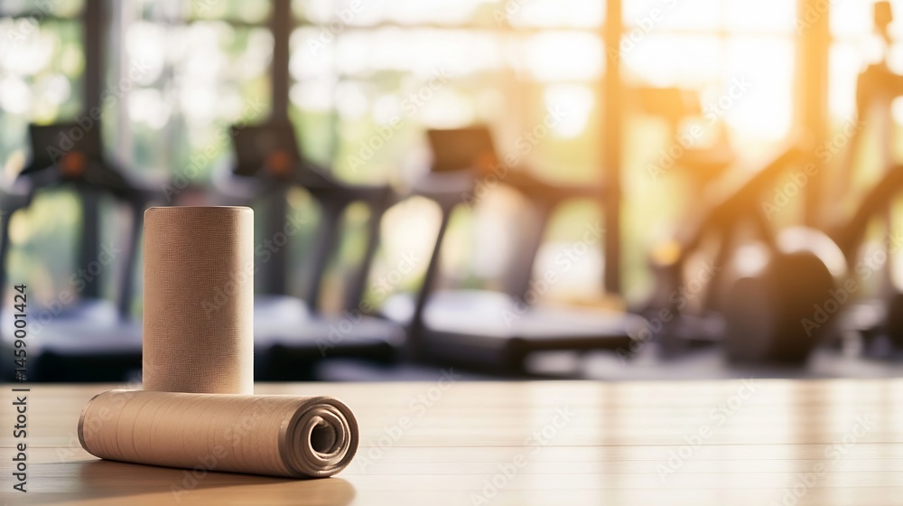 Poster Beige fabric rolls neatly arranged on a light wood surface, with a blurred background of a modern gym featuring treadmills and sunlight. : Generative AI