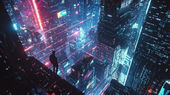 .サイバーパンクな都市と光の流れ