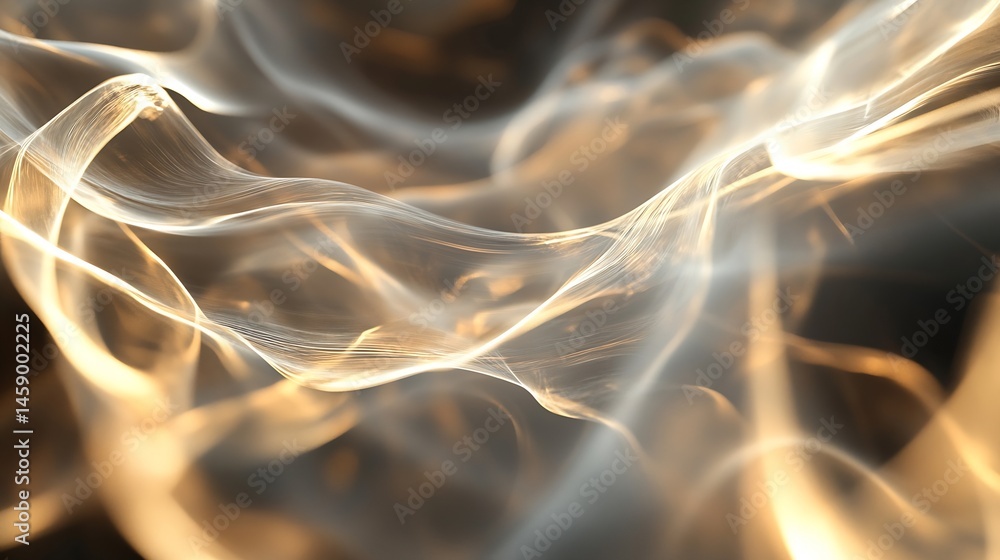 Poster abstract golden waves: a mesmerizing digital artwork featuring flowing, luminous, golden strands aga