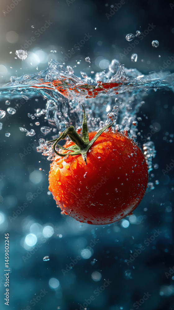 Poster a ripe red tomato falls into a pool of water, creating a vibrant splash with water droplets clinging