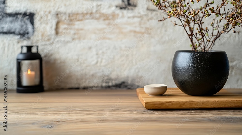 Poster serene minimalist still life: a small ceramic bowl and black pot with dried branches rest on a woode