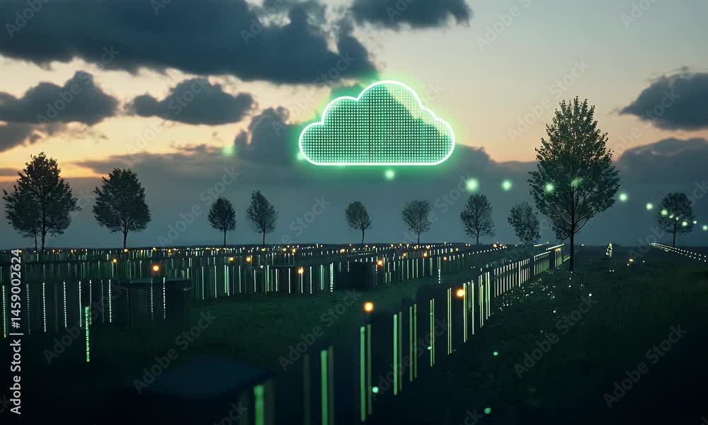 Poster a green cloud icon floating above rows of black data center wires and hard drives, surrounded by sma