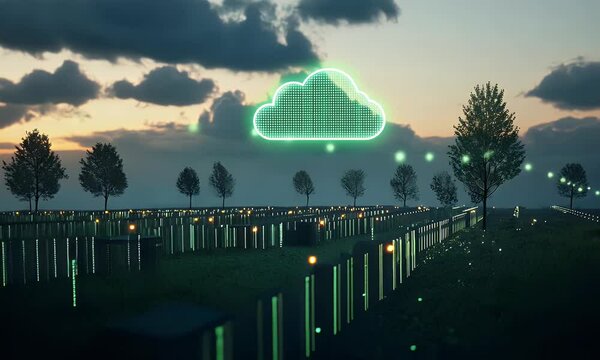 A green cloud icon floating above rows of black data center wires and hard drives, surrounded by small glowing digital clouds.