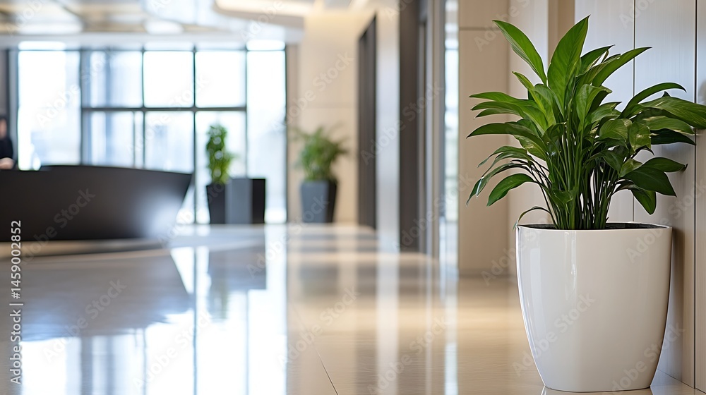Poster modern office interior with a large peace lily plant in a white pot, positioned against a light wall