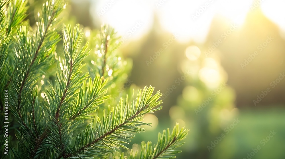 Poster close-up of vibrant green pine tree branches bathed in warm sunlight, creating a serene and peaceful