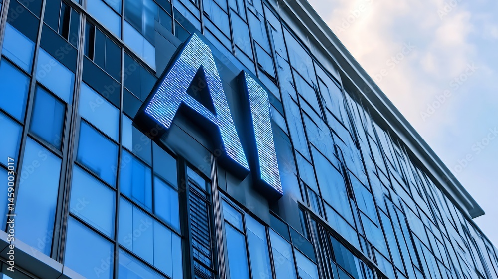 Fototapete Modern building facade with illuminated AI sign, showcasing blue glass windows and sleek architecture under a partly cloudy sky. : Generative AI