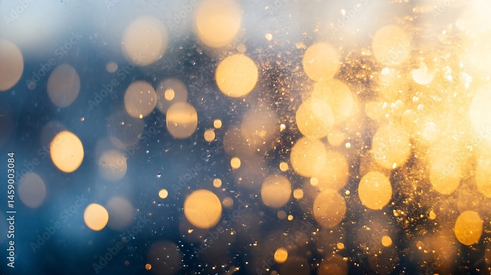 Poster abstract bokeh background with golden and blue lights, featuring a dreamy, sparkling, and slightly b
