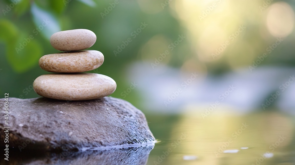 Poster serene stack of stones by calm water, a tranquil scene of three light beige stones balanced on a dar