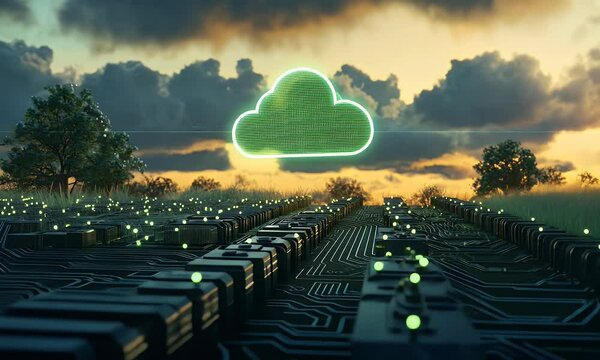 A green cloud icon floating above rows of black data center wires and hard drives, surrounded by small glowing digital clouds.