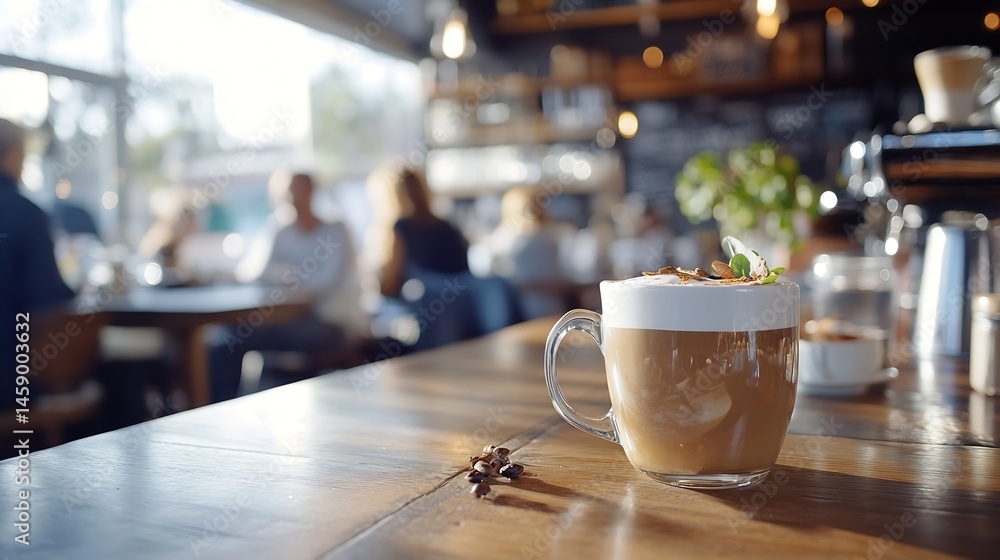 Poster a delicious latte with a sprinkle of cinnamon and a sprig of mint sits on a wooden table in a sunny 