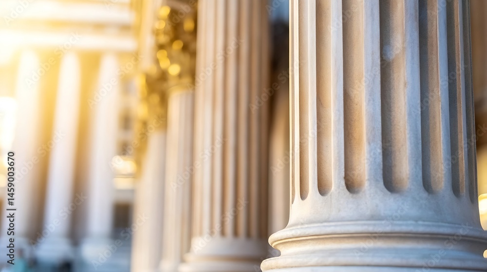 Poster close-up view of fluted stone columns, classical architecture detail, sunlight illuminating the ston