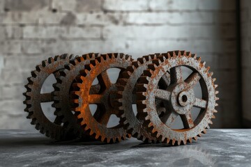 Three rusty cogwheels interlocked, showcasing industrial, vintage, mechanical aesthetic.