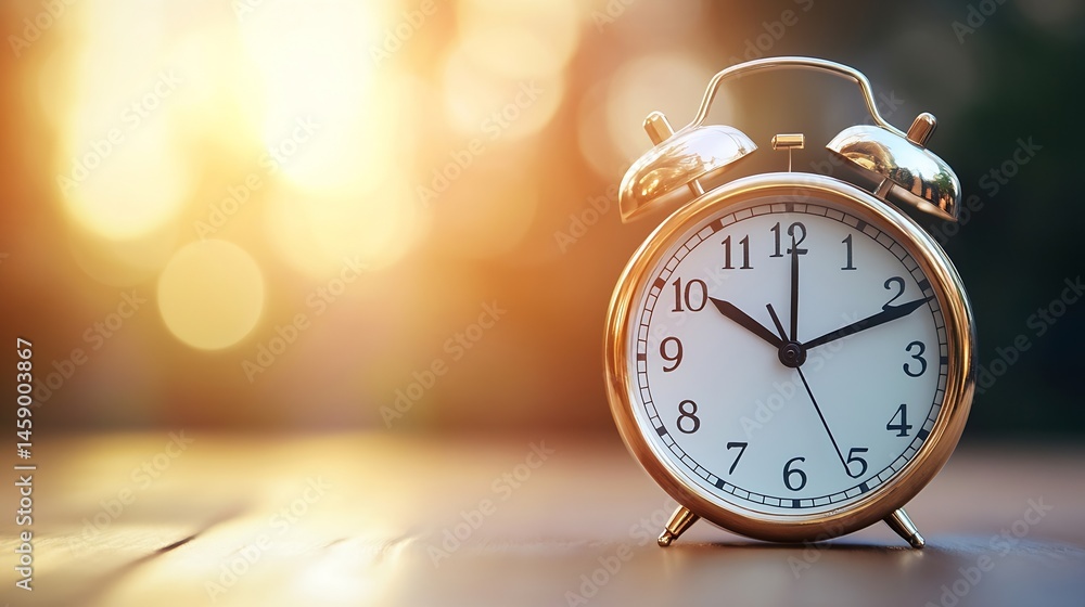 Poster golden alarm clock showing the time on a wooden surface with a blurred sunset background. perfect fo