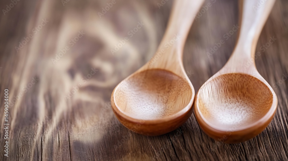 Fototapete two empty wooden spoons rest on a rustic brown wooden surface, showcasing their natural grain and sm