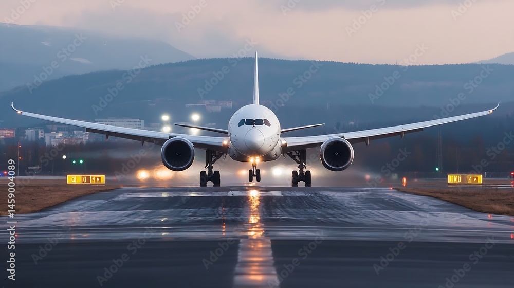 Poster airplane landing on wet runway at dusk, with city lights and mountains in the background. the aircra