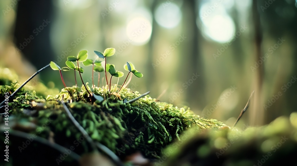 Poster tiny green seedlings sprout from mossy forest floor, bathed in soft sunlight, creating a serene and 