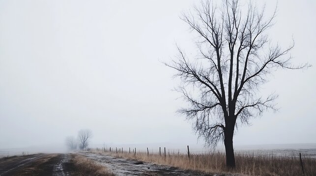A solitary, leafless tree stands beside a foggy country road, stretching towards a distant, misty horizon.  The scene evokes a sense of quiet solitude and winter's stillness. : Generative AI