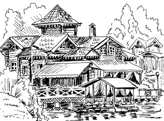 Traditional big wooden house on the lake shore. Park landscape, hand drawn vector illustration, black and white.