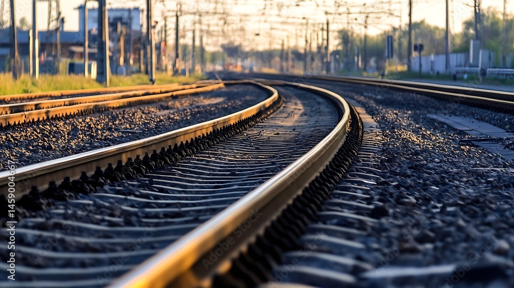 Poster close-up view of railway tracks curving gently into the distance, bathed in the warm golden light of
