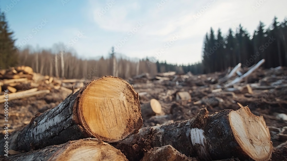Poster close-up view of freshly cut birch logs in a deforested area, sunlight illuminating the wood grain, 