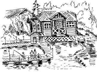 Wooden house at the lake shore and fishing people. Vector hand drawn black and white sketch.;