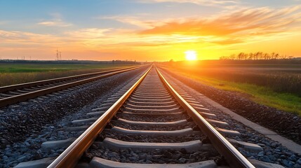 Fototapeta premium Endless railway tracks stretching towards a vibrant sunset, the golden sun casting a warm glow on the landscape, promising a journey into the horizon. : Generative AI