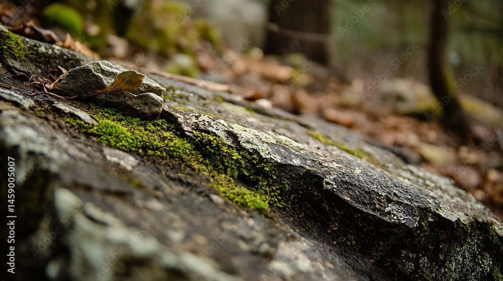 Poster close-up view of a mossy rock in a forest, showcasing the texture of the stone and the vibrant green