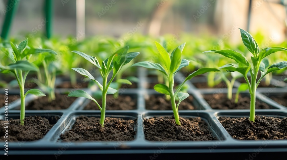 Poster close-up view of vibrant green seedlings sprouting from rich dark soil in a seedling tray, showcasin