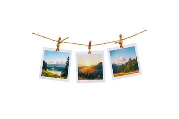 Three Scenic Landscape Photos Hanging on a Rustic Twine with Wooden Pegs