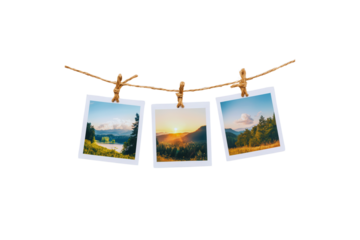 Three Scenic Landscape Photos Hanging on a Rustic Twine with Wooden Pegs