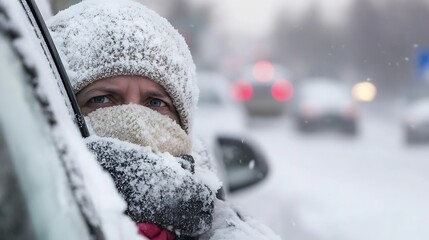 A person's face partially hidden behind a snow-covered scarf, peering from a snow-covered car window during a blizzard, city traffic blurred in the background. : Generative AI