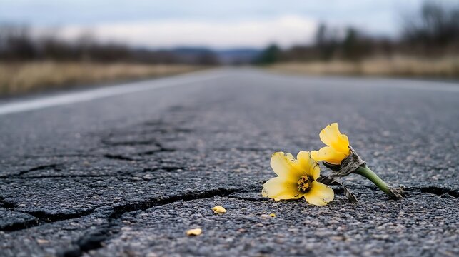 Two yellow flowers bloom stubbornly from a crack in the asphalt of a country road, a poignant scene of resilience against a blurred background of trees and sky. : Generative AI